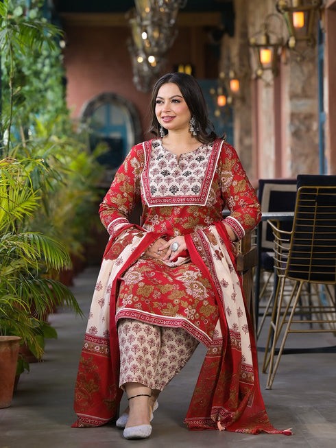Women Plus Size Maroon Pure Cotton Kurta Set With Dupatta
